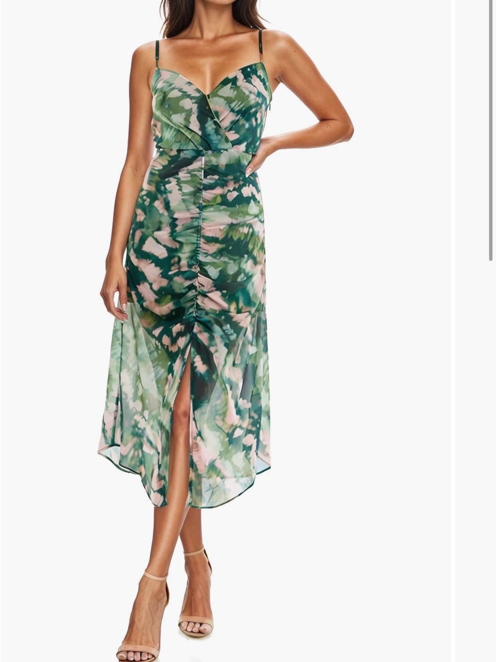 Socialite Ruched Midi Dress Cami — New with Tags — Green & Pink Floral — Size M